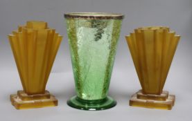 A crackle mirrored glass vase and a pair of Art Deco style pressed glass vases tallest 24cm
