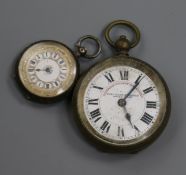 A base metal cased "Superior Railway Timekeeper" pocket watch and a Swiss 935 white metal fob