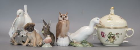 Five Royal Copenhagen animal models, a Bing & Grondahl figure of an owl and a Copenhagen Frijsenborg