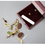 A pair of gilt white metal and hardstone cufflinks and for pairs of assorted earrings.
