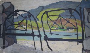 Anne M.A.Anderson oil on canvas, Coast viewed through railings, signed, 46 x 76cm. unframed.