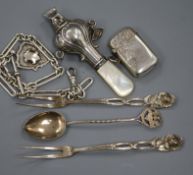 A Victorian silver vesta, a silver albert, a child's rattle and sundries (7)