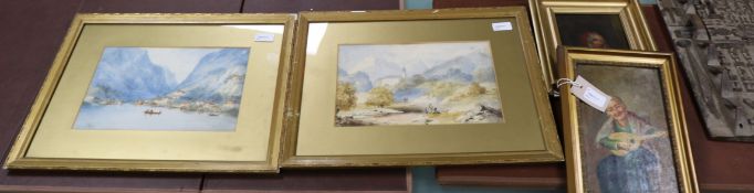 A pair of 19th century topographical watercolours and two small Continental oils on board, the