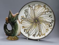 A Royal Copenhagen 1960's Fajance circular dish by Ellen Malmer and a Continental majolica fish