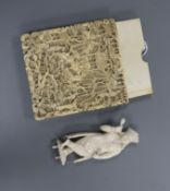 A Chinese ivory card case lacking cover and an Indian ivory figure