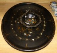 A Victorian oval papier mache tray and a basket Tray 76cm
