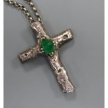 A 1970's white metal and emerald set cross pendant, on a silver belcher link chain, pendant 65mm.