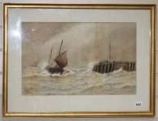 William H.Pearson watercolour Running into Port 32 x 50cm.