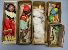 Five 1950's and later Pelham puppets, including 'Parrot', 'Caterpillar','Poodle' and 'Tyrolean
