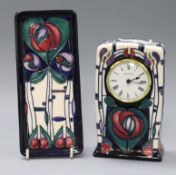 A Moorcroft Mackintosh mantel timepiece and tray Tray L.20cm