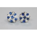 A pair of 18ct white gold, diamond and sapphire cluster ear studs, 8mm.