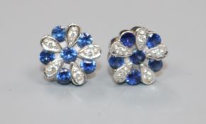 A pair of 18ct white gold, diamond and sapphire cluster ear studs, 8mm.