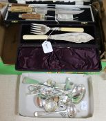 A set of six silver-handled butter knives, sundry plated cased and loose flatware and two (locked)