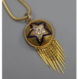 A Victorian yellow metal, diamond and enamel set tassel drop pendant, on a yellow metal chain,