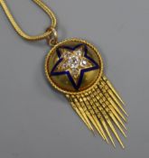 A Victorian yellow metal, diamond and enamel set tassel drop pendant, on a yellow metal chain,