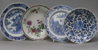 Three Chinese blue and white dishes and a famille rose bowl largest measurement 24cm diameter