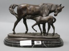 A bronze figure of mother and foal on marble base, signed Barye H.19.5cm