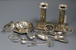 Sundry small silver and white metal items, including a pair of dwarf candlesticks, a Christofle