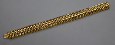 A continental yellow metal demi lune fancy link bracelet, 21cm.