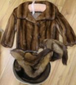 A group of fur hats and a fur jacket