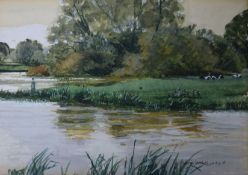 Norman Wilkinson, watercolour, Ibsley, River Avon, signed with Tryon Gallery label 13 x 19cm