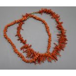Two coral necklaces with 9ct clasps,