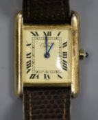 A Must de Cartier ladys' silver gilt tank wristwatch on replacement strap, boxed with papers