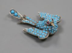 A late Victorian white and yellow metal, turquoise set swallow pendant with cabochon eyes, overall