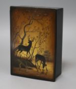 A 19th century Russian lacquer box, decorated with stag and deer length 15cm