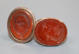 Two Victorian yellow metal overlaid and carnelian fob seals.
