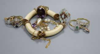 Eight assorted gold dress rings including five 18ct and other jewellery including necklaces,