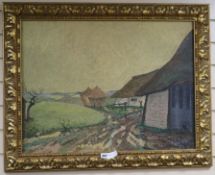 French School, oil on board, Haystacks in a landscape, indistinctly signed 55 x 73cm