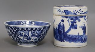 A Chinese blue and white bowl and a Chinese blue and white jar and cover height 12.5cm (largest)