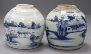 Two Chinese blue and white jars, lacking lids height 16.5cm