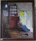 B. S. Russian?, oil on canvas, cottage interior, initialled, 60 x 50cm