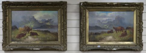 English School circa 1900, pair of oils on canvas, Loch scenes with Highland cattle, indistinctly
