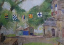 Ellsee Maclet (1181-1962), pastel, Bunting outside a French church, signed, 24 x 34cm