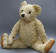 A 1930's Farnell teddy bear, Joshua, with white curly mohair, black glass eyes, remains of black