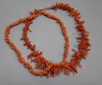 Two coral necklaces with 9ct clasps