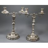 A pair of 19th century Spanish? white metal two branch, two light candelabra, height 30cm, gross
