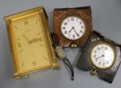 Two travelling pocket watches, marcasite watch and carriage timepiece.