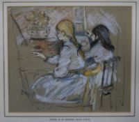 Peter R M Mackie, pastel, Girls at easels, initialled 20 x 23cm