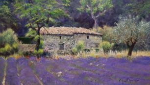 C. John Donaldson, oil on panel, Farm and Lavender Field, Italy - Grasses, signed, 30 x 50cm
