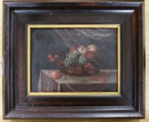 Dutch School, oil on wooden panel, Still life of fruit in a basket, 12 x 16cm