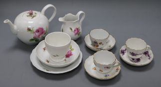 A Meissen porcelain batchelors teaset and three Meissen coffee cups and saucers