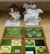 Four Victorian tiles, a pair of Staffordshire figures, a Wedgwood teapot and a Yardley English