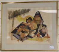 Ostrowski, watercolour, Native family group scene, signed and dated 1957 45 x 56cm
