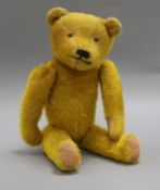 A 1920's American teddy bear, Joey, with golden mohair, clear and black eyes painted on reverse,