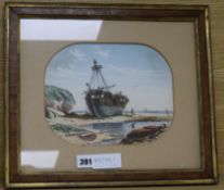 19th century English School, beached fishing boat, initialled WJL, 18 x 23cm