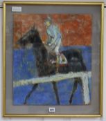 Modern British, oil on board, Racehorse and jockey 48 x 42cm